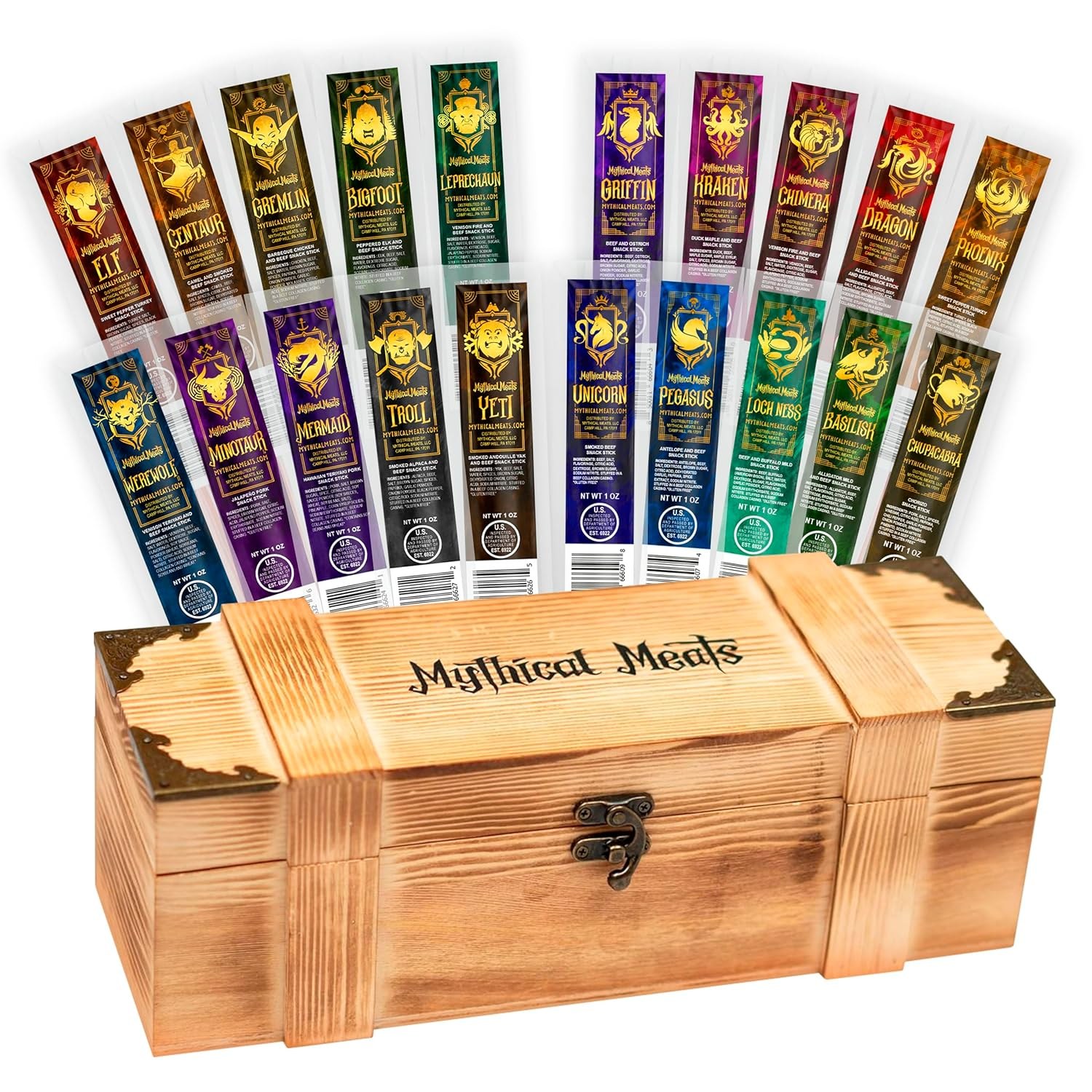 The Deluxe Crate — 20 snack sticks fanned above the latched wooden box