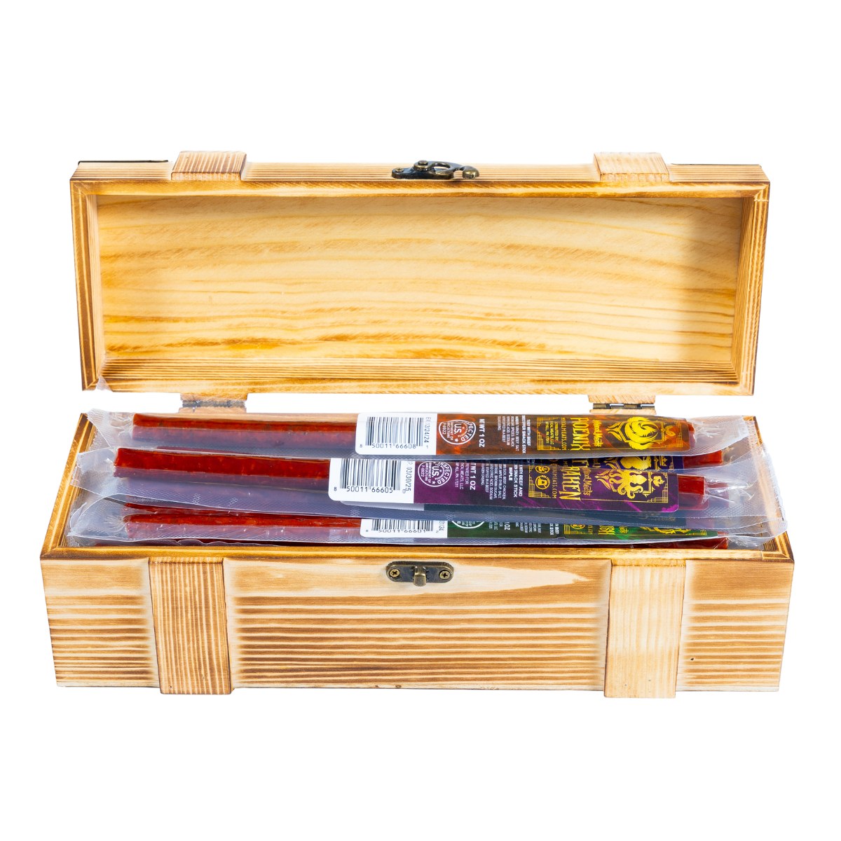 The wooden Mythical Meats crate open, packed with individually sealed snack sticks